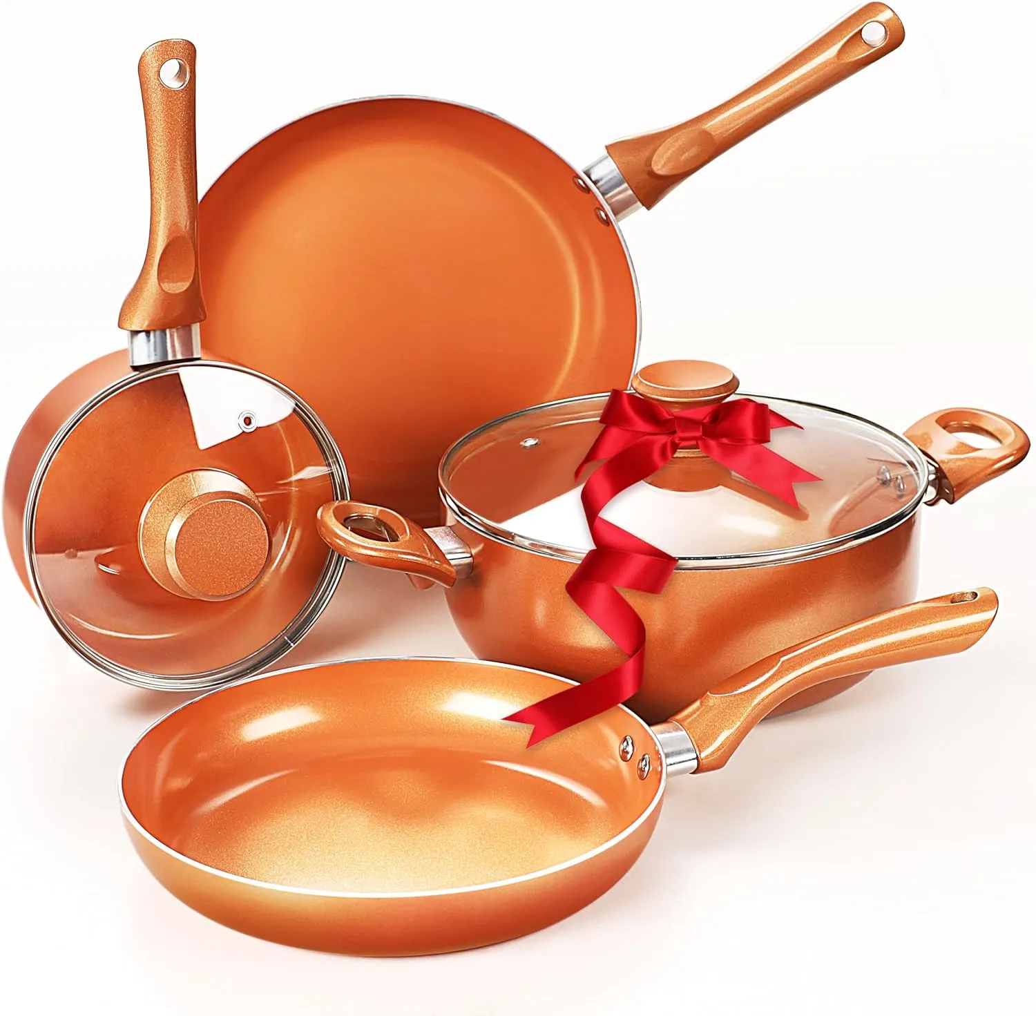 Clockitchen Nonstick Cookware Set - 6 Piece Pots and Pans in Copper Color, Induction Kitchen Cooking Set w/Frying Pans & Saucepans, Ceramic Coating