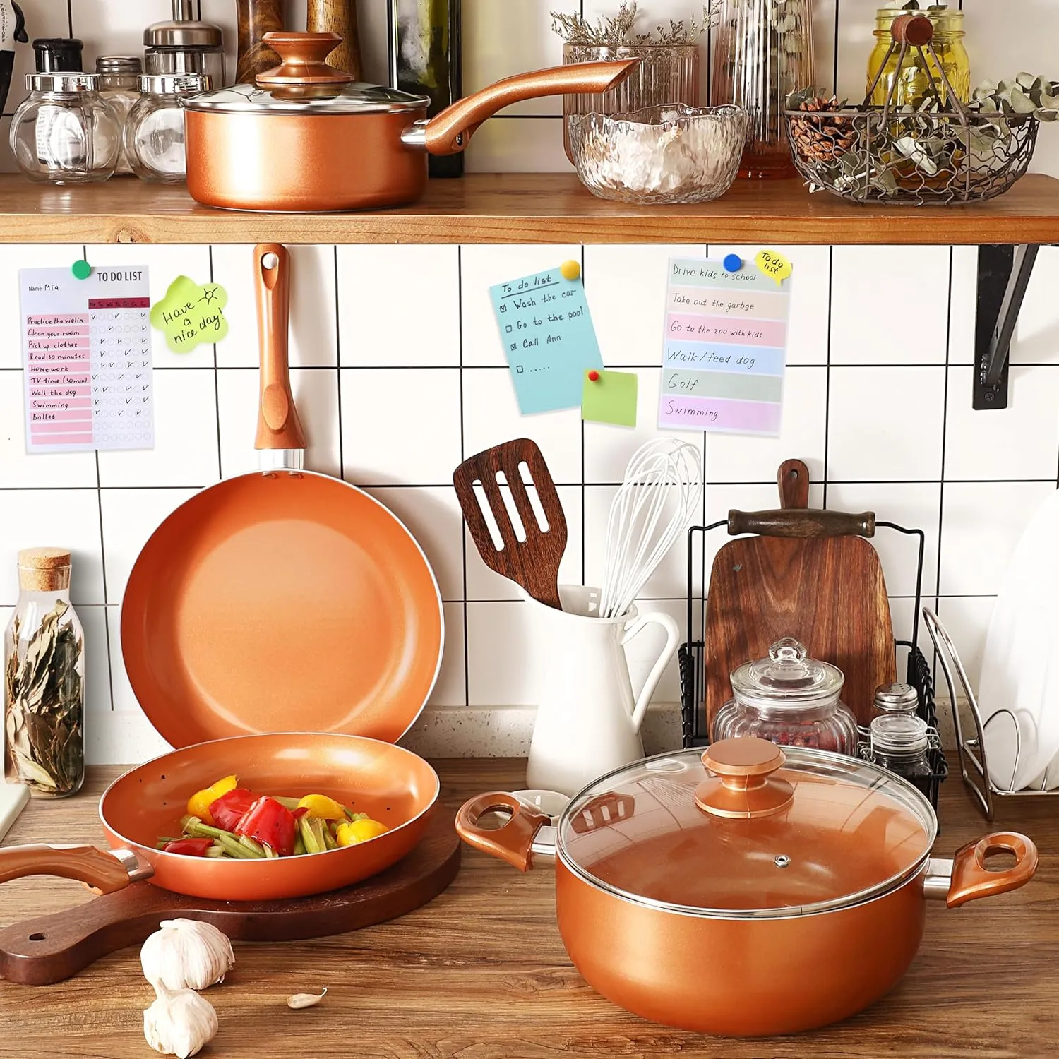 Clockitchen Nonstick Cookware Set - 6 Piece Pots and Pans in Copper Color, Induction Kitchen Cooking Set w/Frying Pans & Saucepans, Ceramic Coating