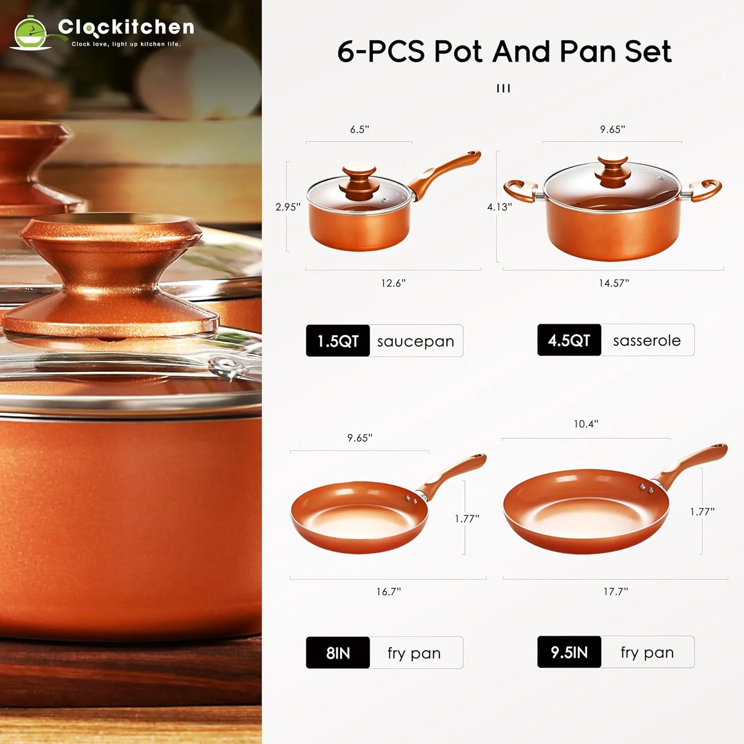 Clockitchen Nonstick Cookware Set - 6 Piece Pots and Pans in Copper Color, Induction Kitchen Cooking Set w/Frying Pans & Saucepans, Ceramic Coating