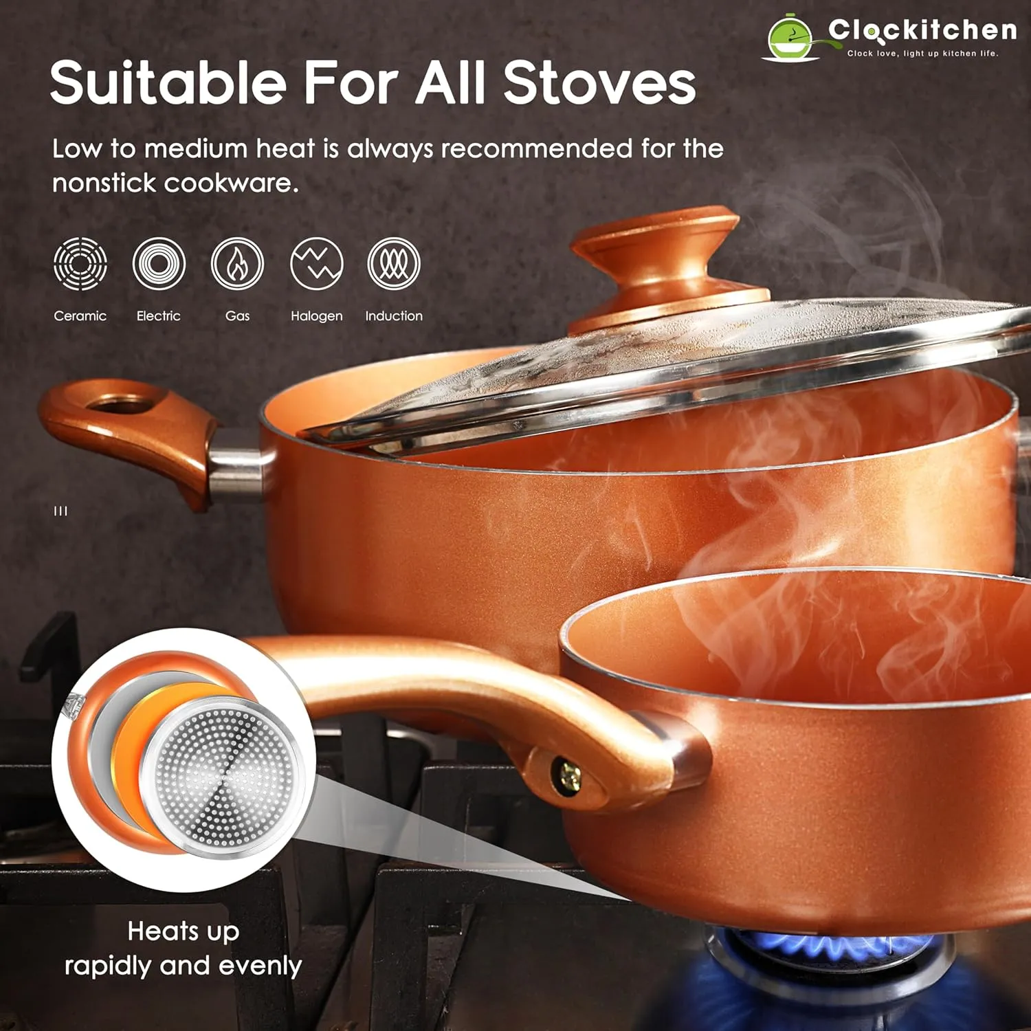 Clockitchen Nonstick Cookware Set - 6 Piece Pots and Pans in Copper Color, Induction Kitchen Cooking Set w/Frying Pans & Saucepans, Ceramic Coating