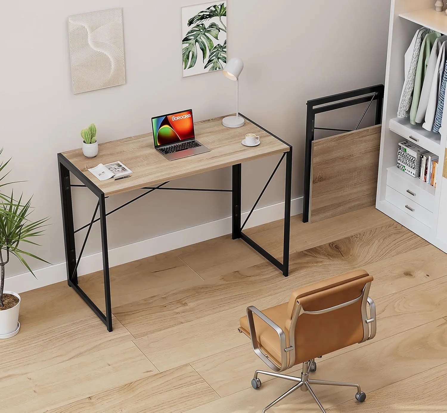 Coavas Small Folding Desk 39.4 inch Foldable Computer Desks, Spaces Saving Writing Table for Bedroom, Home Office, Dorm, Apartment, Kids, Beech
