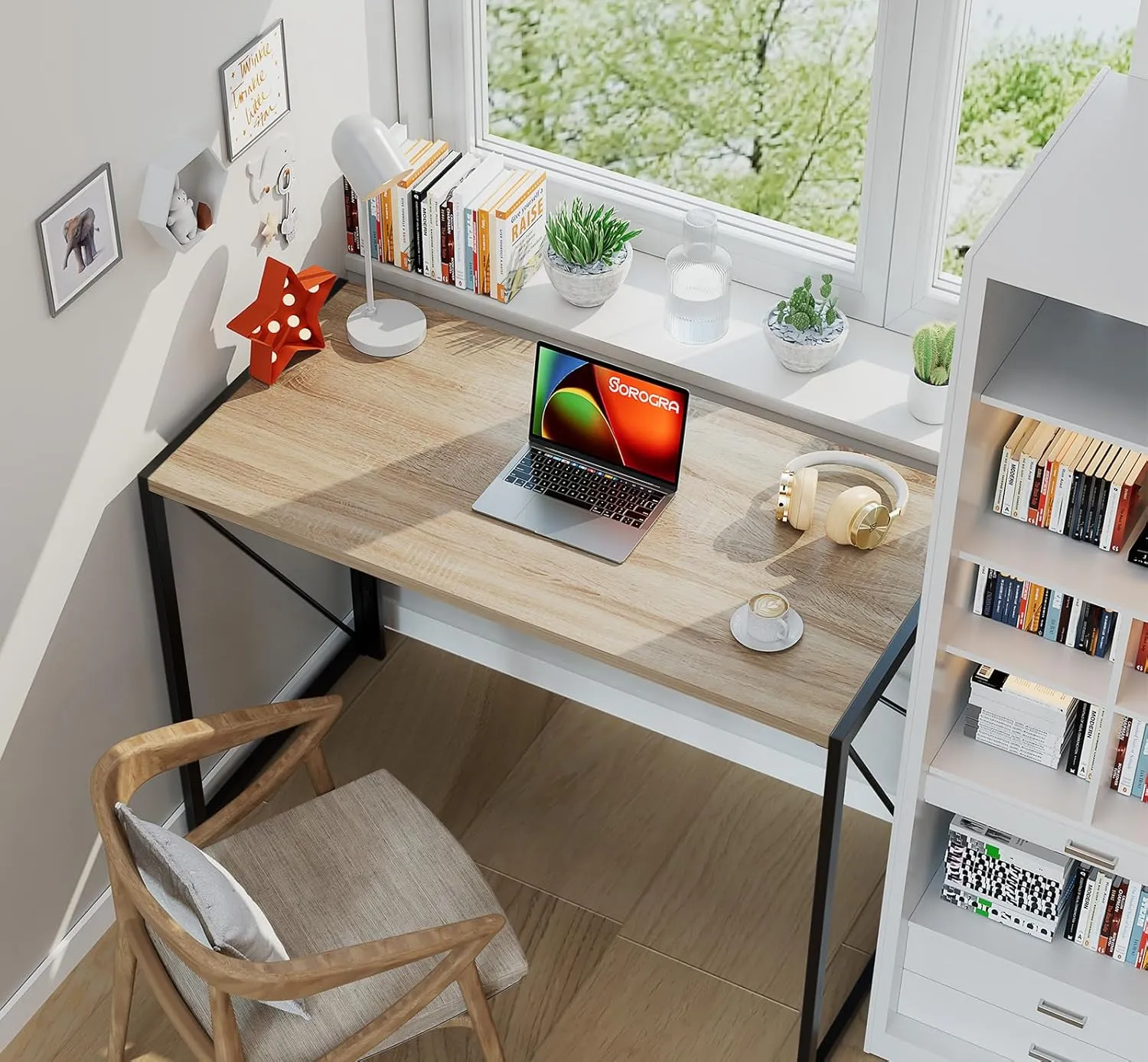 Coavas Small Folding Desk 39.4 inch Foldable Computer Desks, Spaces Saving Writing Table for Bedroom, Home Office, Dorm, Apartment, Kids, Beech