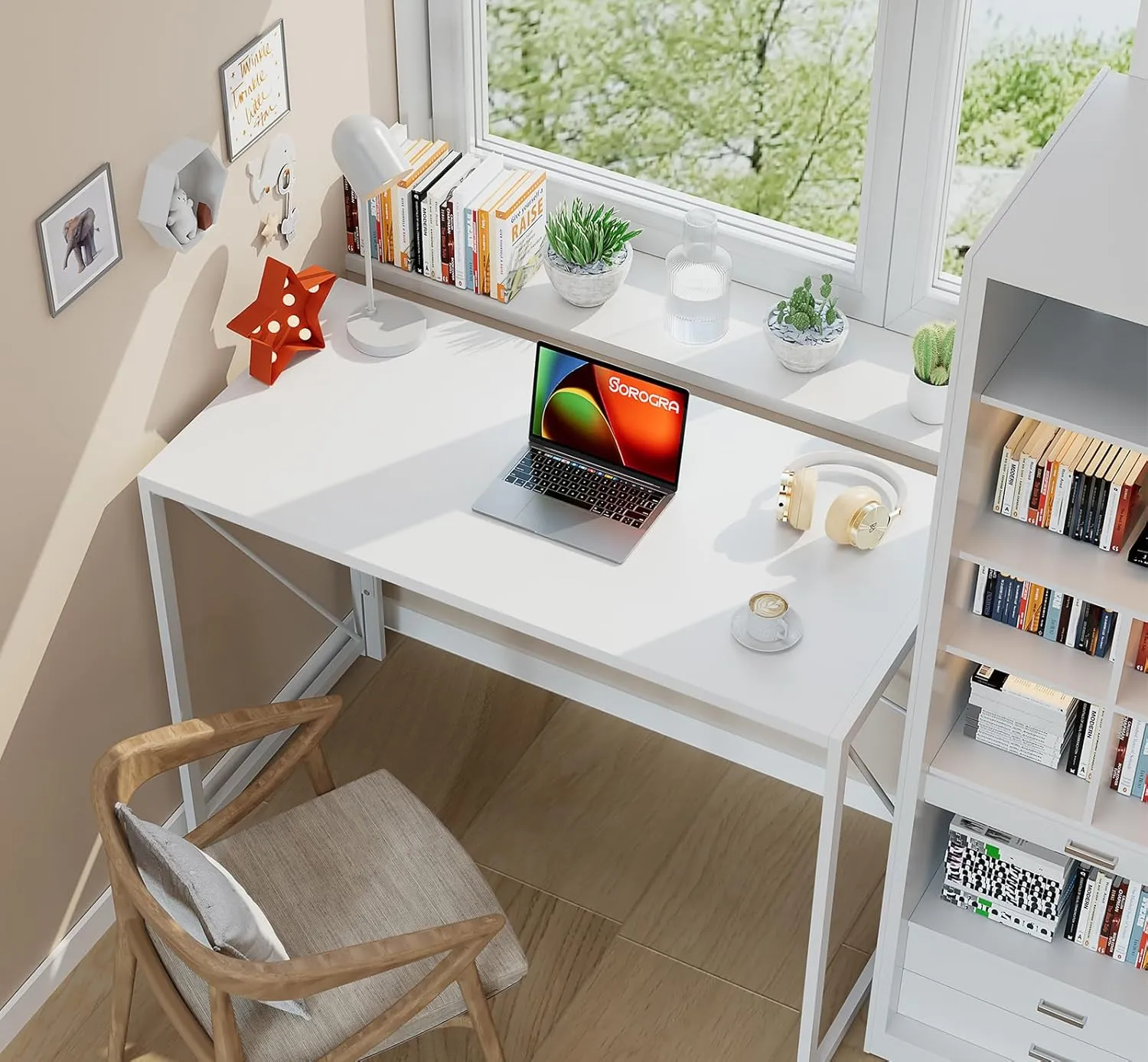 Coavas Small Folding Desk 39.4 inch White Desks, Foldable Computer Desk Spaces Saving Writing Table for Bedroom, Home Office, Dorm, Apartment, Kids