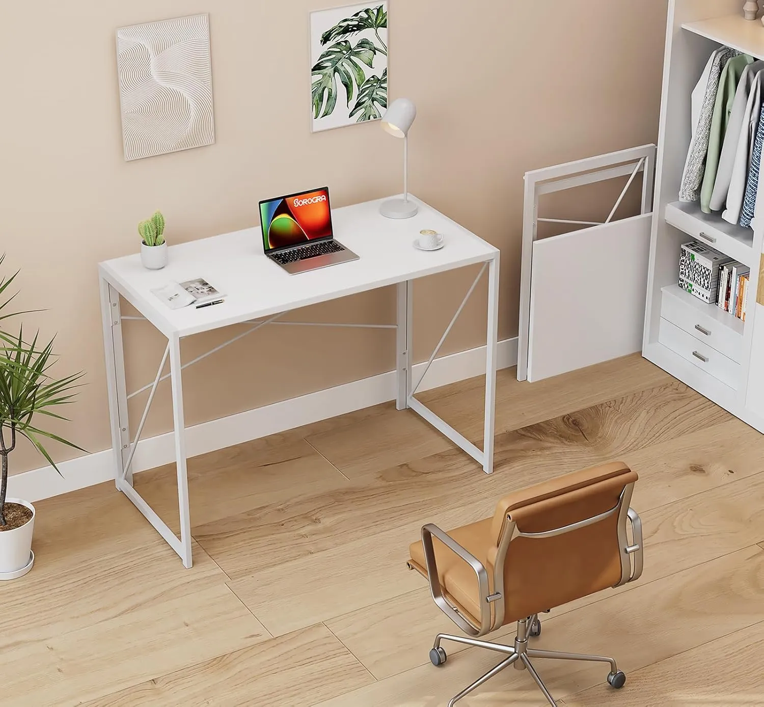 Coavas Small Folding Desk 39.4 inch White Desks, Foldable Computer Desk Spaces Saving Writing Table for Bedroom, Home Office, Dorm, Apartment, Kids