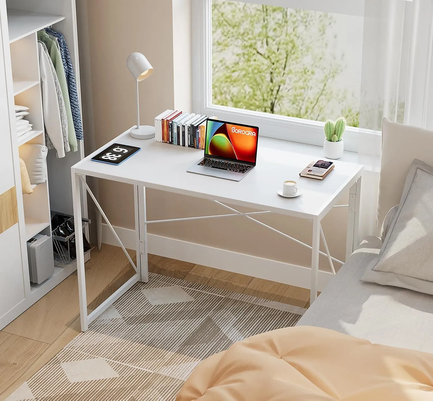 Coavas Small Folding Desk 39.4 inch White Desks, Foldable Computer Desk Spaces Saving Writing Table for Bedroom, Home Office, Dorm, Apartment, Kids
