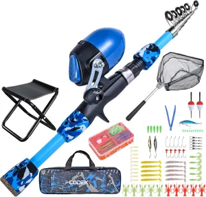 CODEK Kids Fishing Pole Set Portable Telescopic Kids Fishing Rods with Collasible Chair Fishing Net Carrier Bag and Full Kits for Boys and Girls Beginner and Youth 170cm/5.6ft
