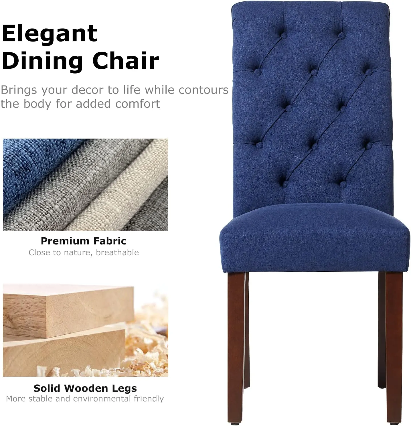 COLAMY Button Tufted Dining Chairs Set of 2, Parsons Upholstered Fabric Dining Room Chairs Kitchen Chairs with Wood Legs and Padded Seat, Dark Blue