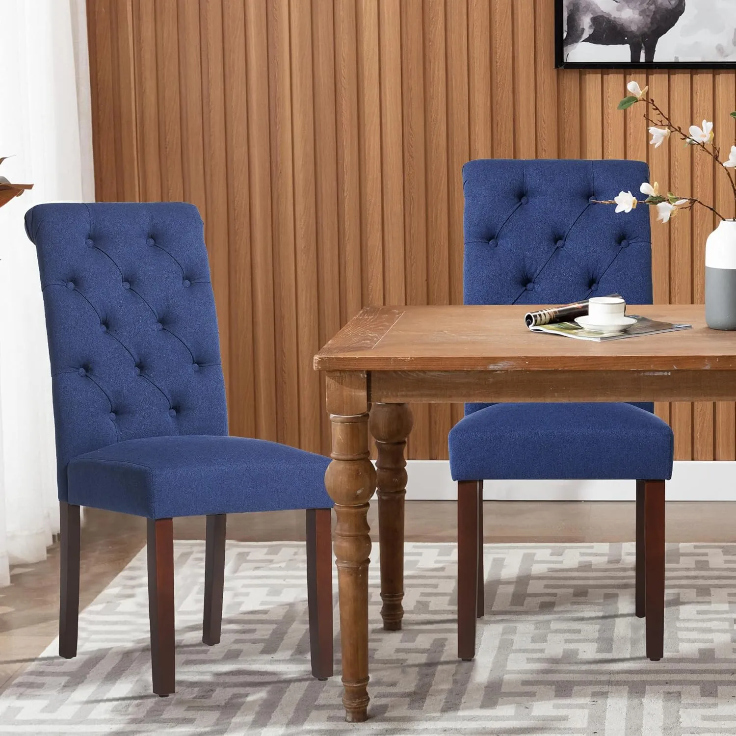 COLAMY Button Tufted Dining Chairs Set of 2, Parsons Upholstered Fabric Dining Room Chairs Kitchen Chairs with Wood Legs and Padded Seat, Dark Blue