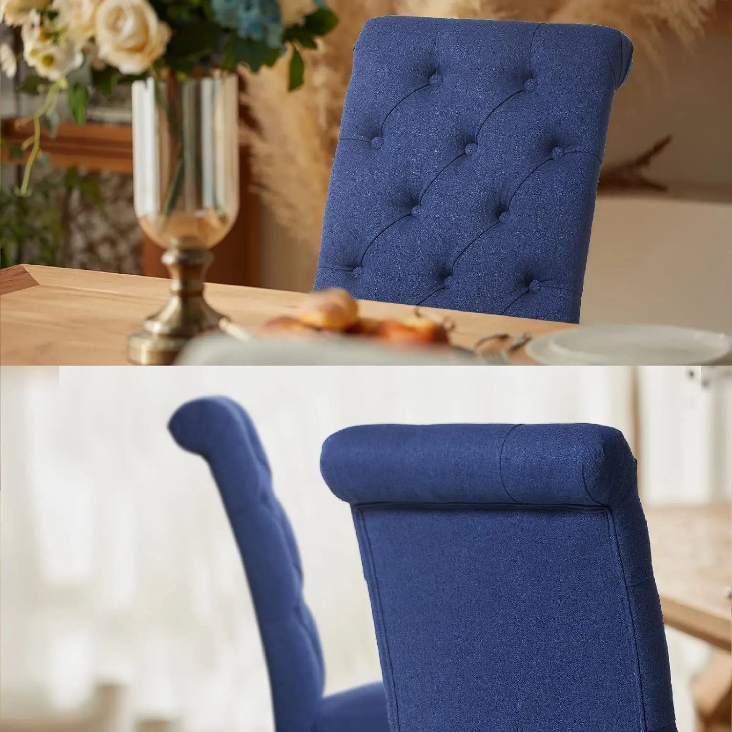 COLAMY Button Tufted Dining Chairs Set of 2, Parsons Upholstered Fabric Dining Room Chairs Kitchen Chairs with Wood Legs and Padded Seat, Dark Blue