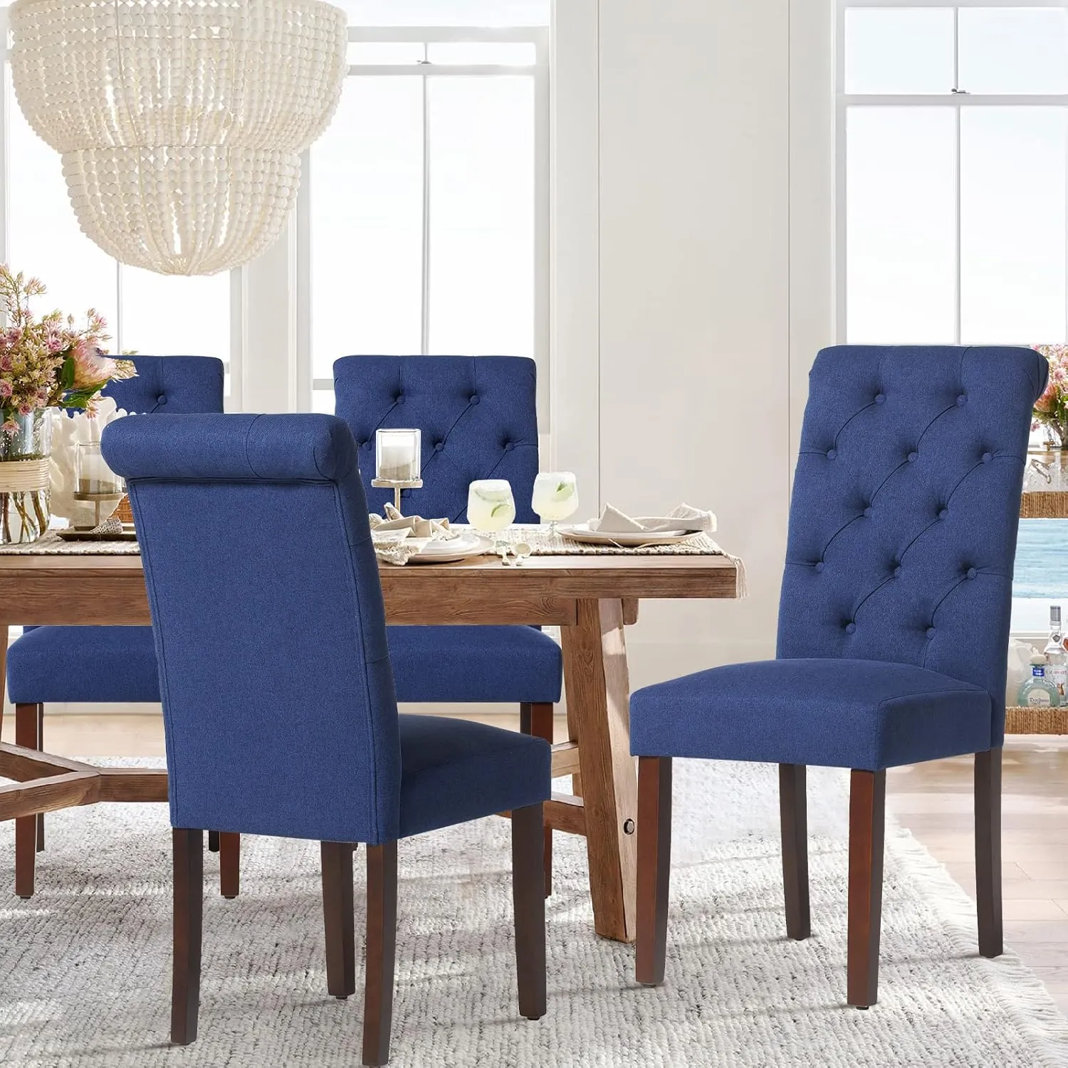 COLAMY Button Tufted Dining Chairs Set of 2, Parsons Upholstered Fabric Dining Room Chairs Kitchen Chairs with Wood Legs and Padded Seat, Dark Blue