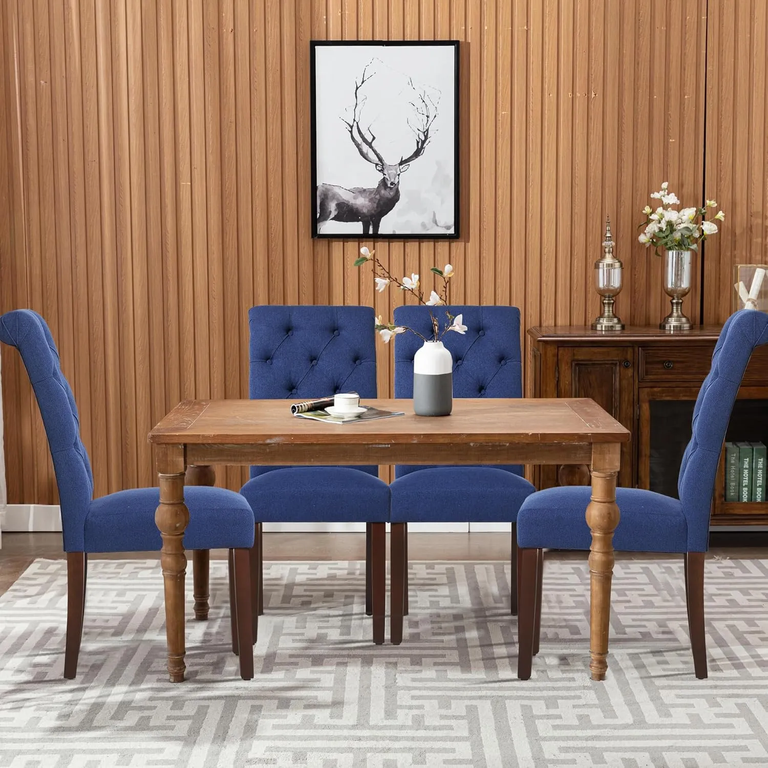 COLAMY Button Tufted Dining Chairs Set of 2, Parsons Upholstered Fabric Dining Room Chairs Kitchen Chairs with Wood Legs and Padded Seat, Dark Blue