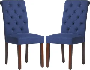 COLAMY Button Tufted Dining Chairs Set of 2, Parsons Upholstered Fabric Dining Room Chairs Kitchen Chairs with Wood Legs and Padded Seat, Dark Blue