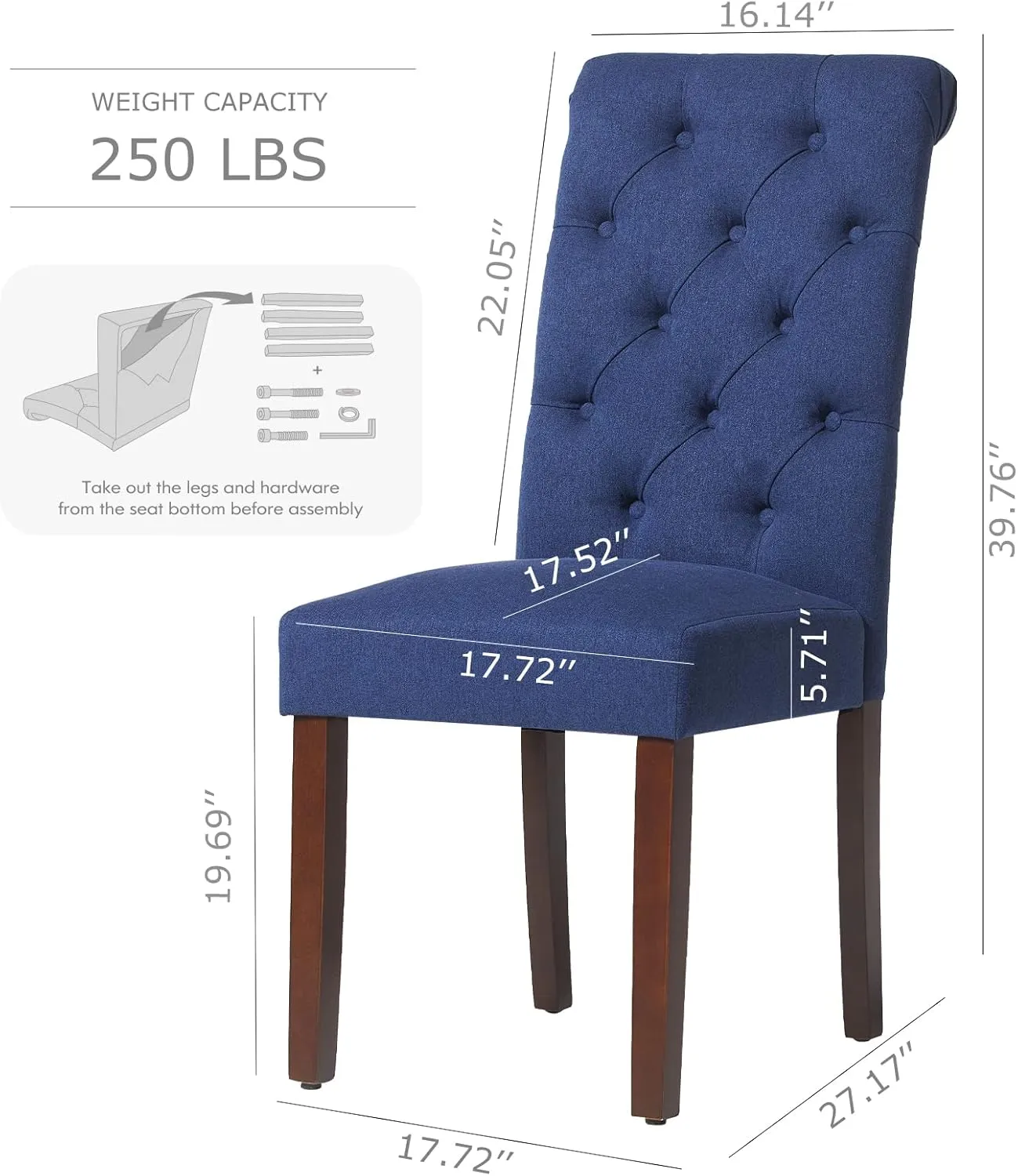 COLAMY Button Tufted Dining Chairs Set of 2, Parsons Upholstered Fabric Dining Room Chairs Kitchen Chairs with Wood Legs and Padded Seat, Dark Blue