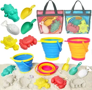 Collapsible Beach Toys for Kids Toddlers, Collapsible Sand Buckets Shovels Set with Mesh Bags and Sand Molds, Foldable Travel Sand Toys for Beach Sandbox Toys for Kids Age 3-10