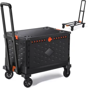 Collapsible Crate Folding Hand Truck Set -No Assembly Required-Teacher Collapsible Rolling Cart with Wheels,Shopping Cart for Groceries,Crate On Wheels and Tote Basket,Mobile Storage for File, Book