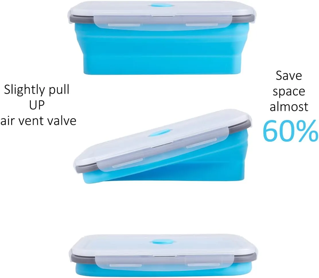 Collapsible Food Storage Containers with Airtight Lid & Air Vent, 40.5 oz, Kitchen Stacking Silicone Collapsible Meal Prep Container Set for Leftover, Microwave Freezer Dishwasher Safe, Blue, Set of 4