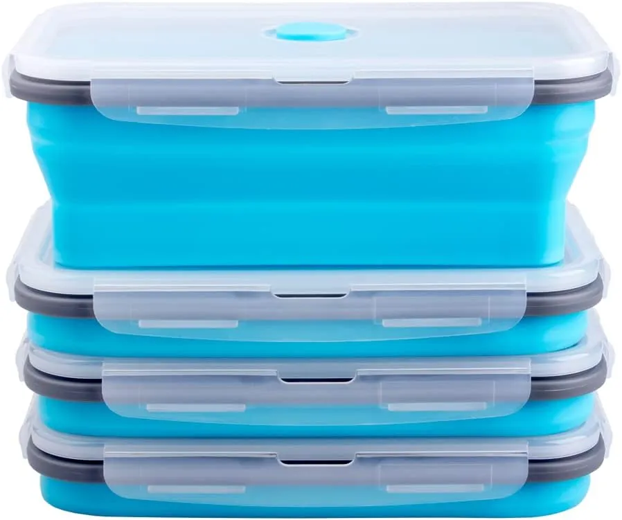 Collapsible Food Storage Containers with Airtight Lid & Air Vent, 40.5 oz, Kitchen Stacking Silicone Collapsible Meal Prep Container Set for Leftover, Microwave Freezer Dishwasher Safe, Blue, Set of 4