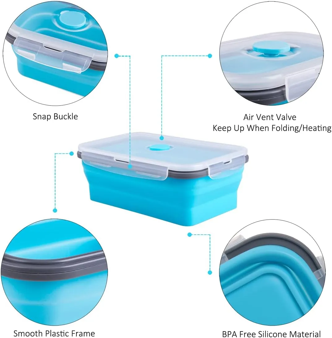 Collapsible Food Storage Containers with Airtight Lid & Air Vent, 40.5 oz, Kitchen Stacking Silicone Collapsible Meal Prep Container Set for Leftover, Microwave Freezer Dishwasher Safe, Blue, Set of 4