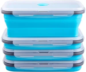 Collapsible Food Storage Containers with Airtight Lid & Air Vent, 40.5 oz, Kitchen Stacking Silicone Collapsible Meal Prep Container Set for Leftover, Microwave Freezer Dishwasher Safe, Blue, Set of 4