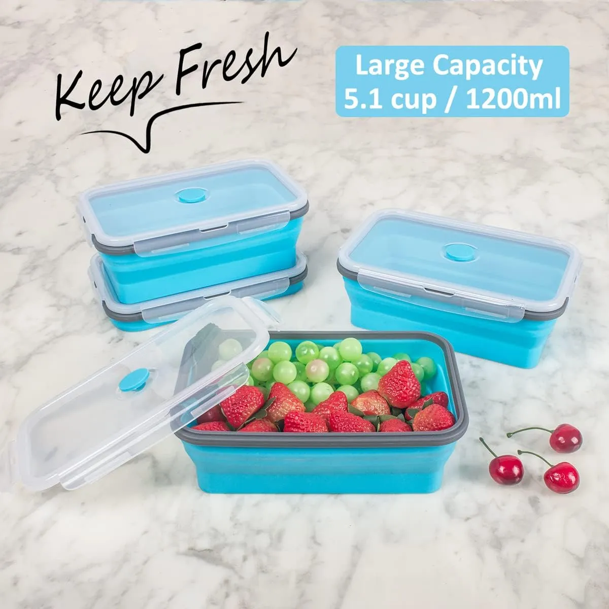 Collapsible Food Storage Containers with Airtight Lid & Air Vent, 40.5 oz, Kitchen Stacking Silicone Collapsible Meal Prep Container Set for Leftover, Microwave Freezer Dishwasher Safe, Blue, Set of 4
