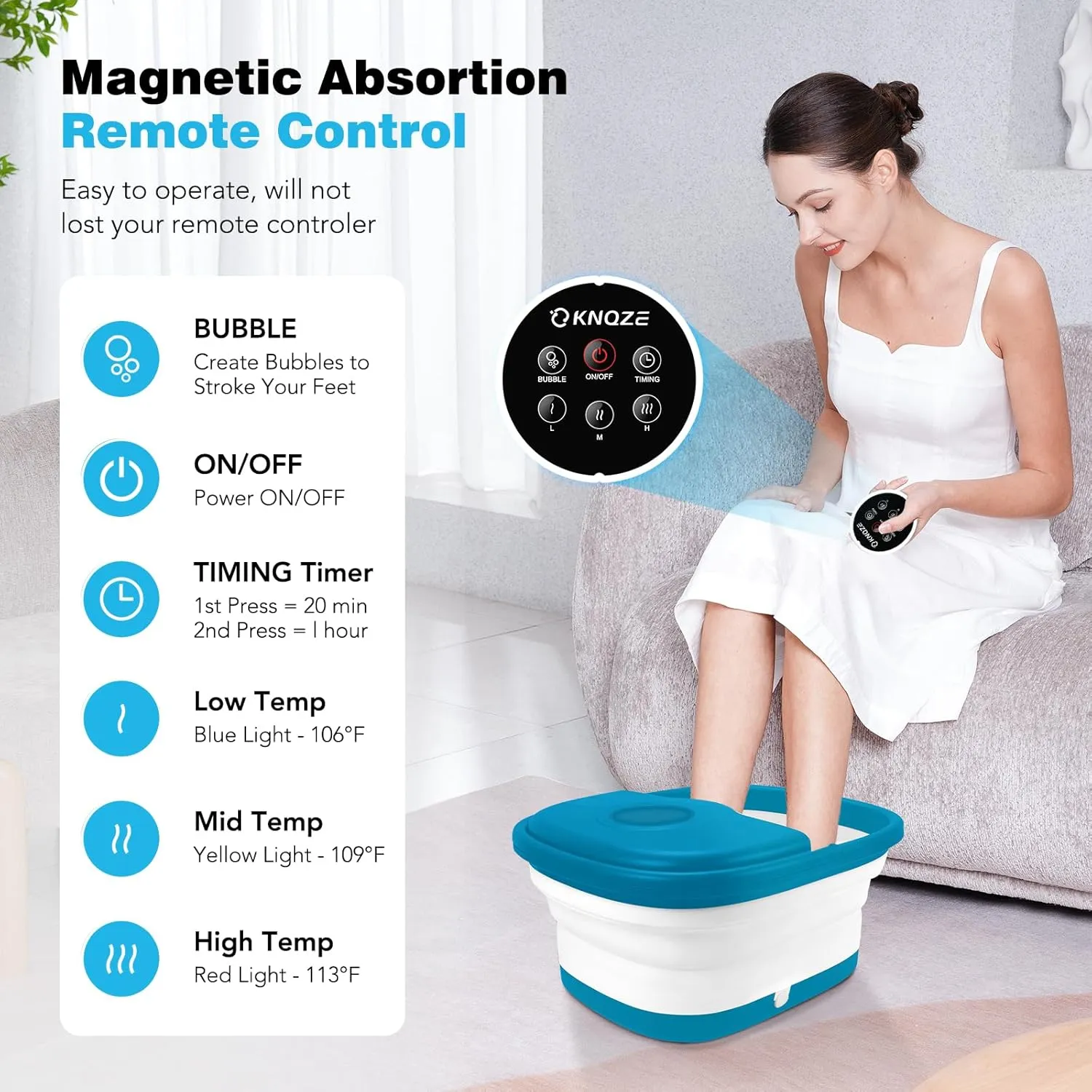 Collapsible Foot Spa Bath with Heat, Remote Control, Temperature Control, Bubbles, Red Light, Pumice Stone, 16 Massage Roller Pedicure Foot Spa Tub Foot Soaker for Soothe & Relax Tired Feet