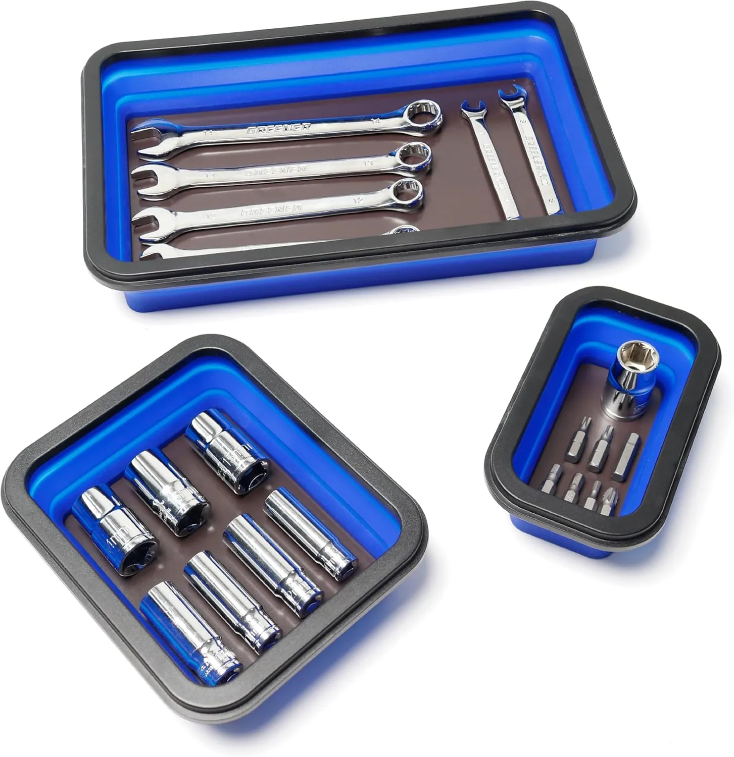 Collapsible Magnetic Parts Tray Set, Magnetic Tray for Mechanic's, 3 Different Size Tool Trays for Small Metal Parts, Cool Mechanic Tools, Cool Gifts for Mechanic (Blue)