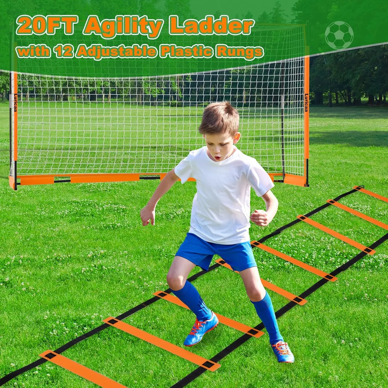 Collapsible Soccer Goal, 12×6 ft /6×4 ft Portable Soccer Goal Net for Backyard, Quick Setup Soccer Goals with 1 Carry Bag, 1 Agility Ladder, 4 Ground Nails,12 Training Cones