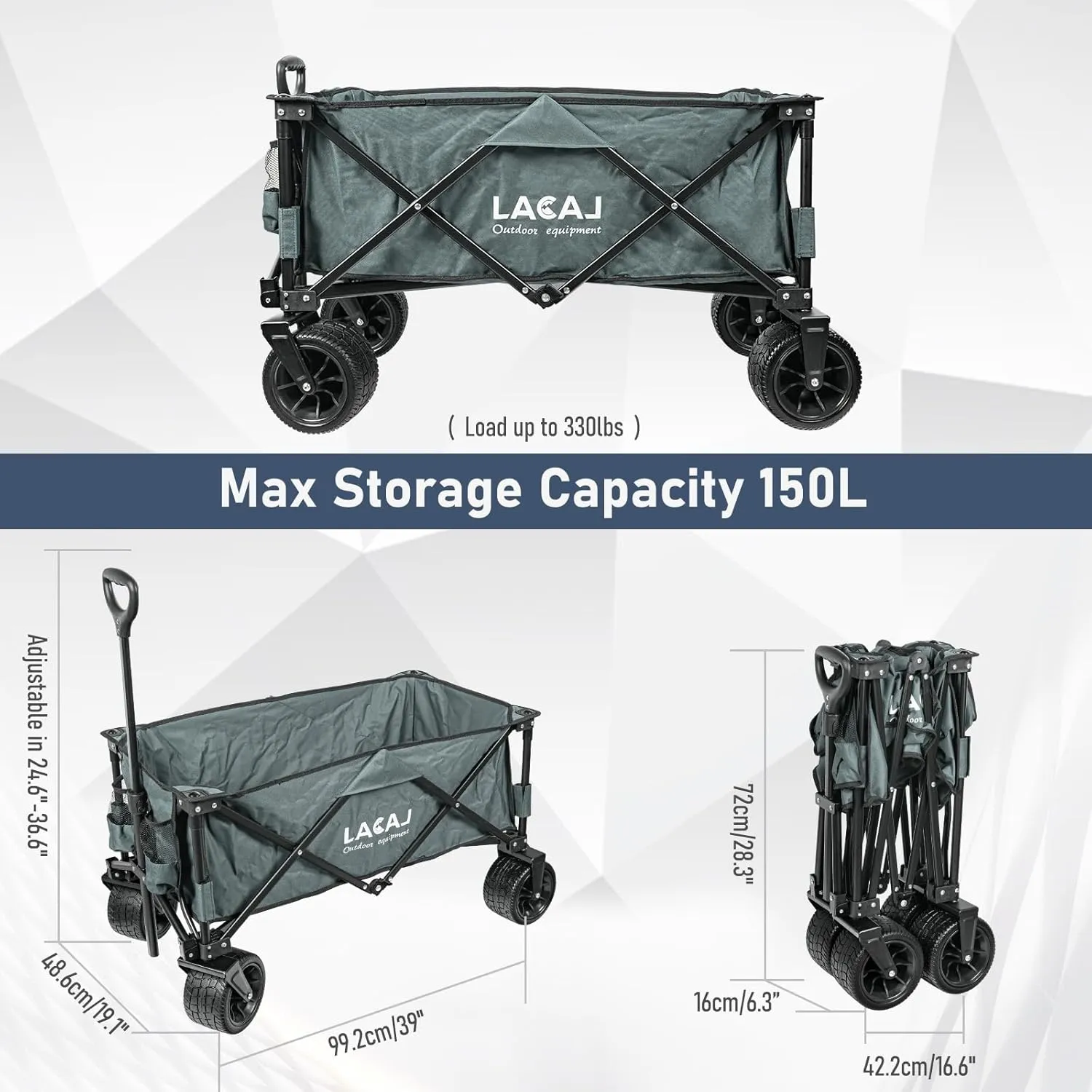 Collapsible Wagon, Heavy Duty Folding Wagon, Foldable Wagon Cart with All Terrain Big Wheels for Outdoor Garden, Picnic, Beach, Sports, Camping(Gray)