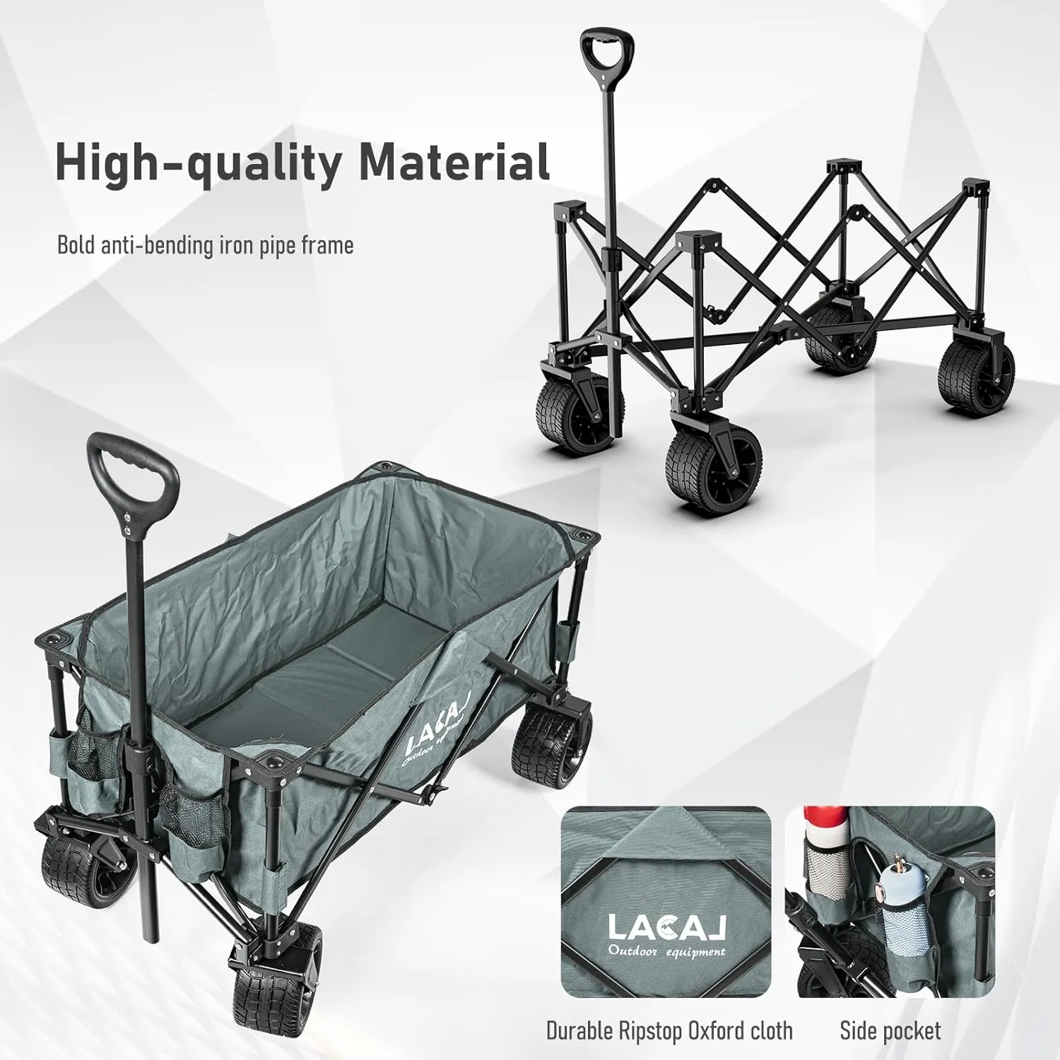 Collapsible Wagon, Heavy Duty Folding Wagon, Foldable Wagon Cart with All Terrain Big Wheels for Outdoor Garden, Picnic, Beach, Sports, Camping(Gray)