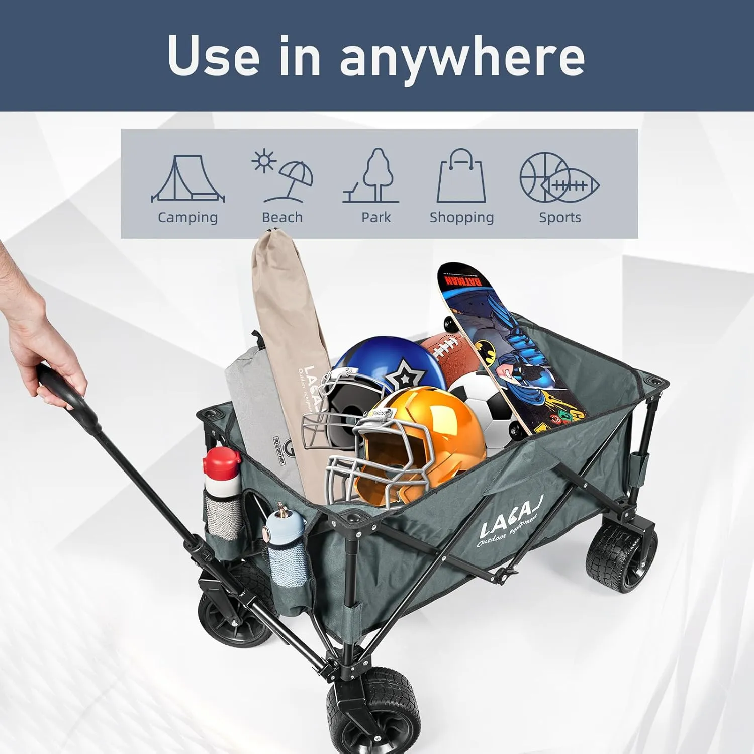 Collapsible Wagon, Heavy Duty Folding Wagon, Foldable Wagon Cart with All Terrain Big Wheels for Outdoor Garden, Picnic, Beach, Sports, Camping(Gray)