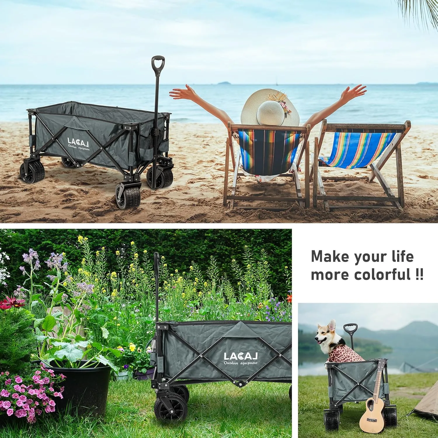 Collapsible Wagon, Heavy Duty Folding Wagon, Foldable Wagon Cart with All Terrain Big Wheels for Outdoor Garden, Picnic, Beach, Sports, Camping(Gray)