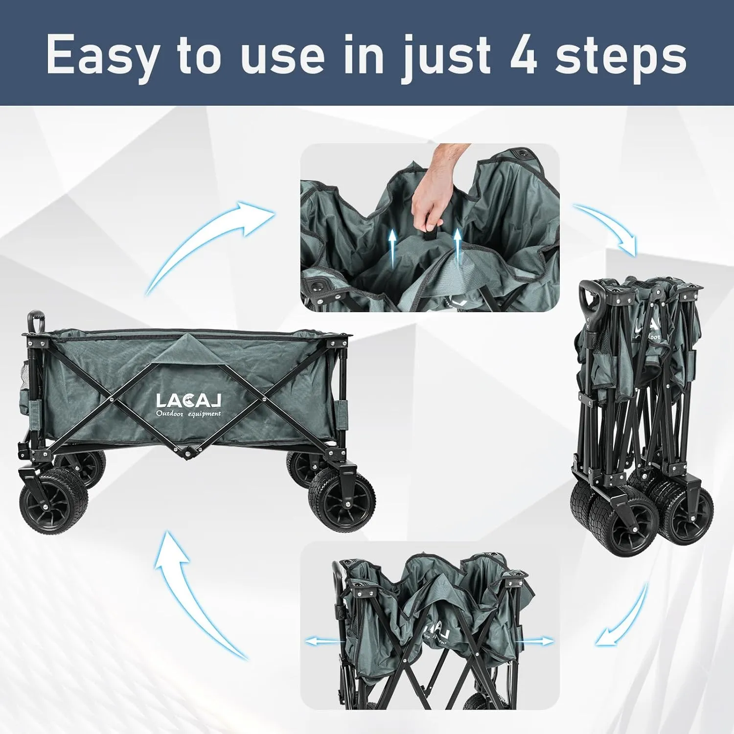 Collapsible Wagon, Heavy Duty Folding Wagon, Foldable Wagon Cart with All Terrain Big Wheels for Outdoor Garden, Picnic, Beach, Sports, Camping(Gray)