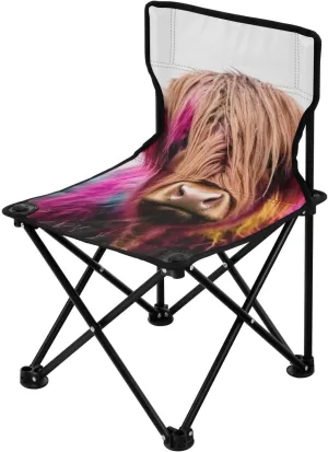 Colored Highland Cow Portable Outdoor Folding Chair Anti-Slip Padded Oxford Cloth Stool Camping Chair Small for Beach Hiking Fishing Gardening Quad Camp Chair