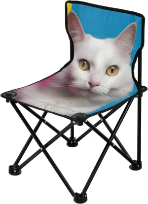 Colorful White Cat Portable Outdoor Folding Chair Anti-Slip Padded Oxford Cloth Stool Camping Chair Small for Beach Hiking Fishing Gardening Quad Camp Chair