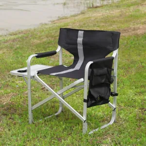 Comfortable Folding Outdoor Chair with Side Table and Storage Pockets, Lightweight Aluminum Design for Camping, Picnics, and Fishing, Black/Grey