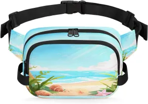 Conch Starfish Ocean Waterproof Fanny Pack for Women Men Adjustable Waist Bag with Double Zipper Pockets Lightweight Square Hip Pack for Running Travel Hiking Workout Cycling