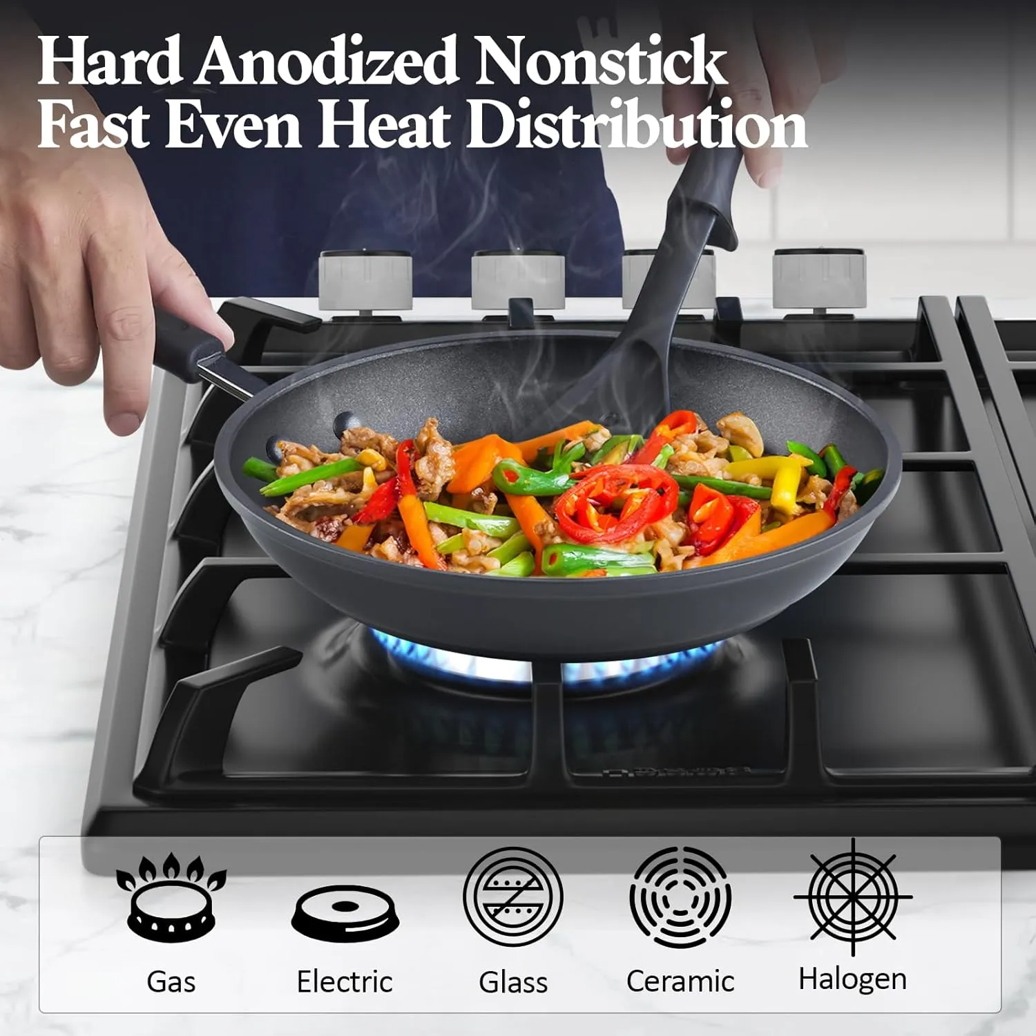 Cook N Home Professional Hard Anodized Nonstick Pots and Pans 10-Piece Cookware Set, with Stay-Cool Handles Black