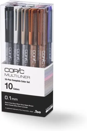 Copic Multiliner Set, 10-Pen Complete Color Set - 0.1mm, Water-based pigment ink (alcohol resistant and becomes waterproof when dry)
