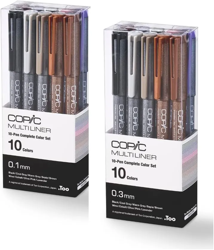 Copic Multiliner Set, 10-Pen Complete Color Set - 0.1mm, Water-based pigment ink (alcohol resistant and becomes waterproof when dry)