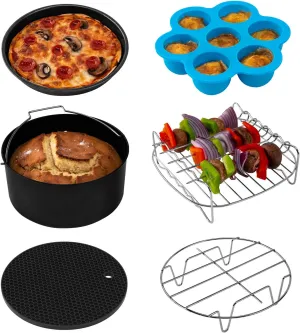 COSORI Air Fryer Accessories, Set of 6 Perfect for Most 5.0 Qt and Larger Ovens, Cake & Pizza Pan, Metal Holder, Rack & Skewers, etc, BPA Free, Nonstick, Dishwasher Safe, 5.8 QT, Black