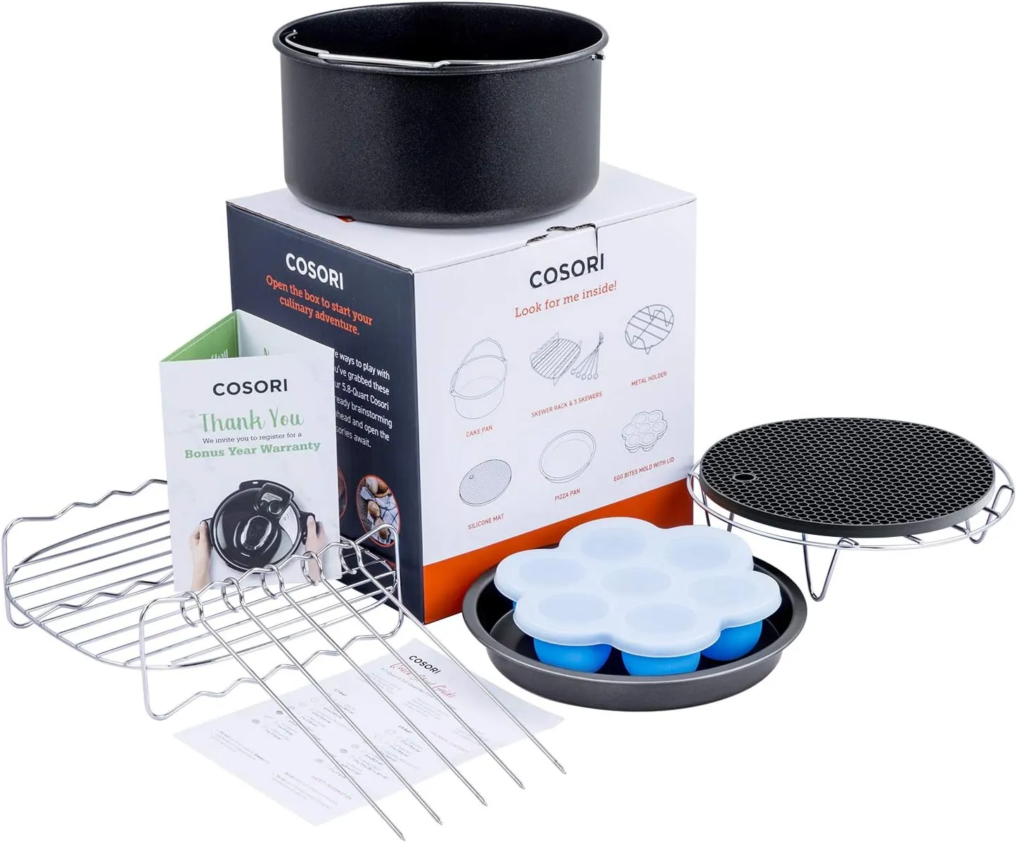 COSORI Air Fryer Accessories, Set of 6 Perfect for Most 5.0 Qt and Larger Ovens, Cake & Pizza Pan, Metal Holder, Rack & Skewers, etc, BPA Free, Nonstick, Dishwasher Safe, 5.8 QT, Black