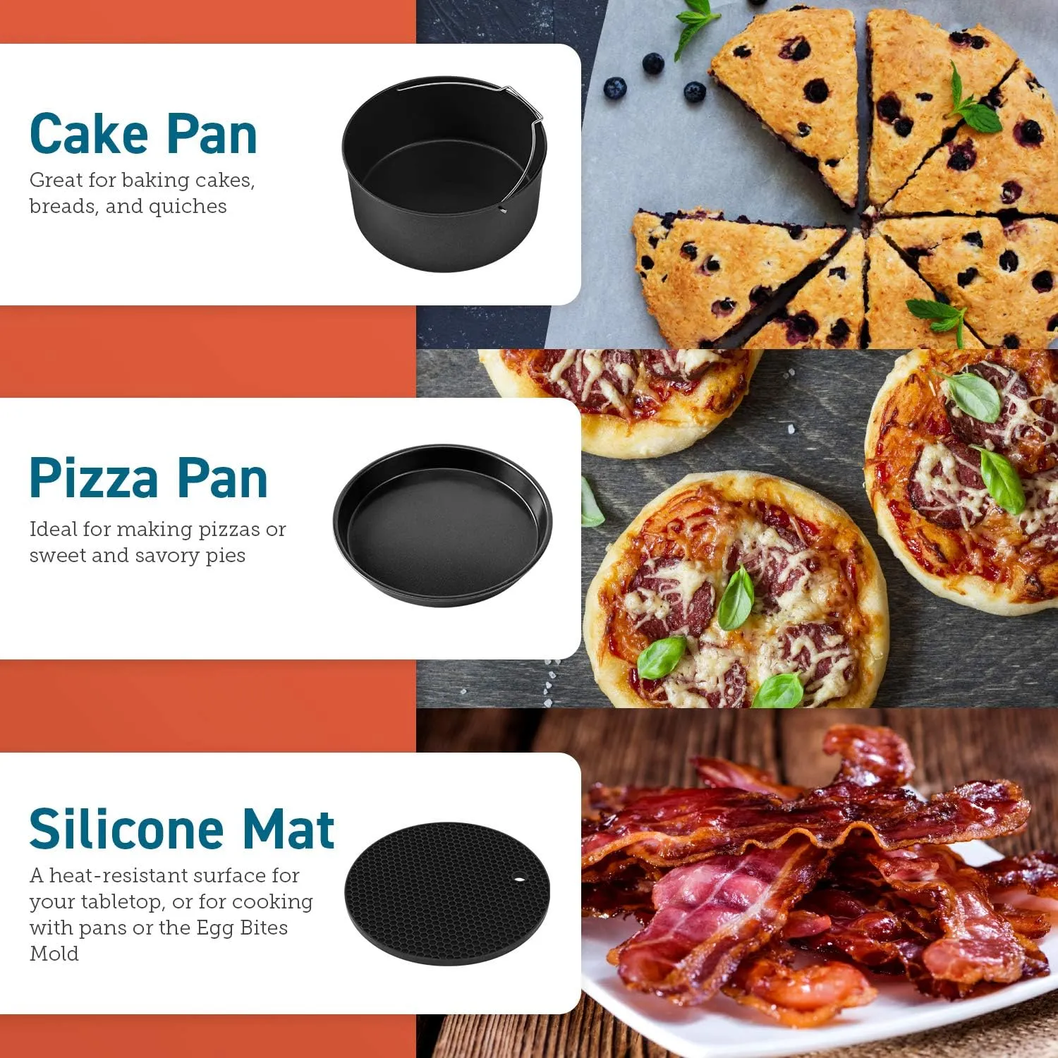 COSORI Air Fryer Accessories, Set of 6 Perfect for Most 5.0 Qt and Larger Ovens, Cake & Pizza Pan, Metal Holder, Rack & Skewers, etc, BPA Free, Nonstick, Dishwasher Safe, 5.8 QT, Black