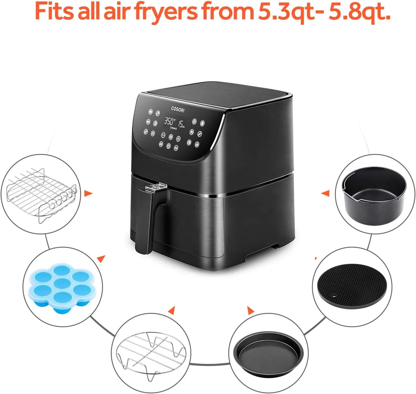 COSORI Air Fryer Accessories, Set of 6 Perfect for Most 5.0 Qt and Larger Ovens, Cake & Pizza Pan, Metal Holder, Rack & Skewers, etc, BPA Free, Nonstick, Dishwasher Safe, 5.8 QT, Black