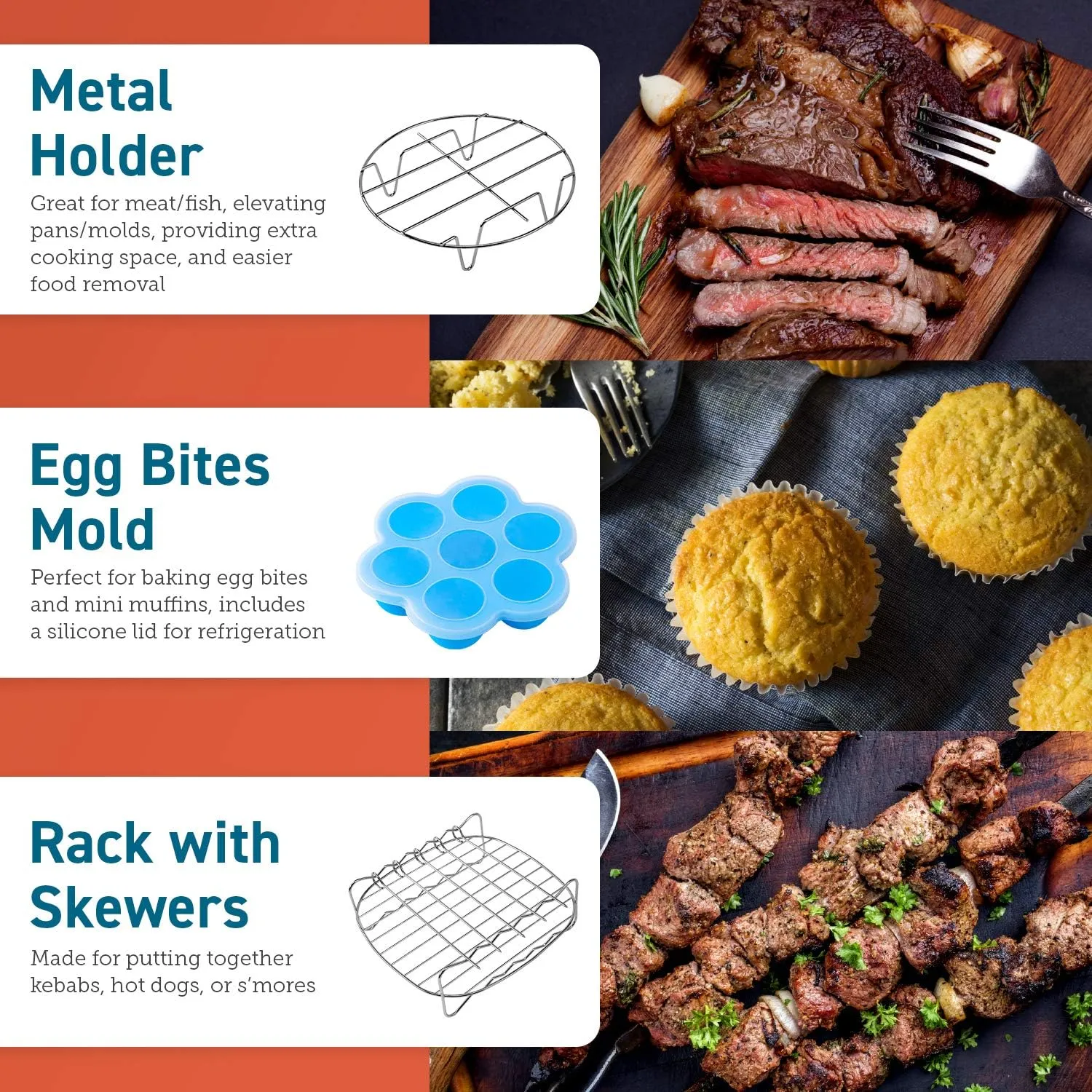 COSORI Air Fryer Accessories, Set of 6 Perfect for Most 5.0 Qt and Larger Ovens, Cake & Pizza Pan, Metal Holder, Rack & Skewers, etc, BPA Free, Nonstick, Dishwasher Safe, 5.8 QT, Black
