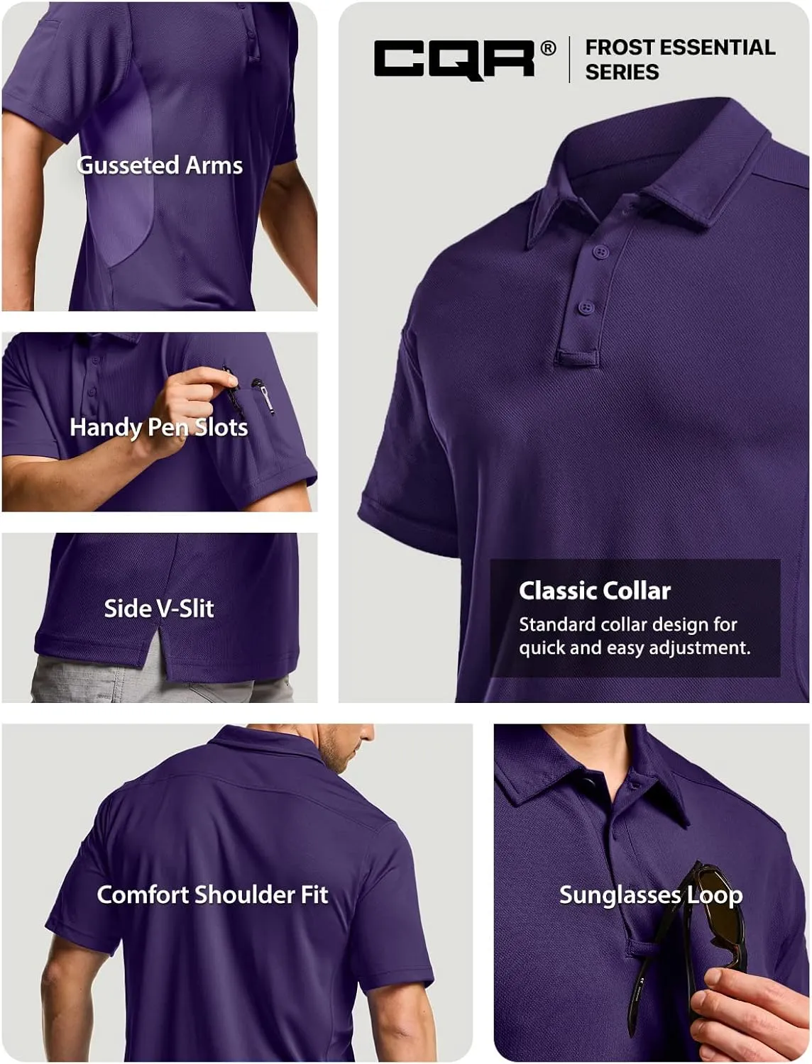 CQR Men's Polo Shirts, Tactical Short Sleeve Golf Performance Shirts, Lightweight Dry Fit UPF 50  Pique