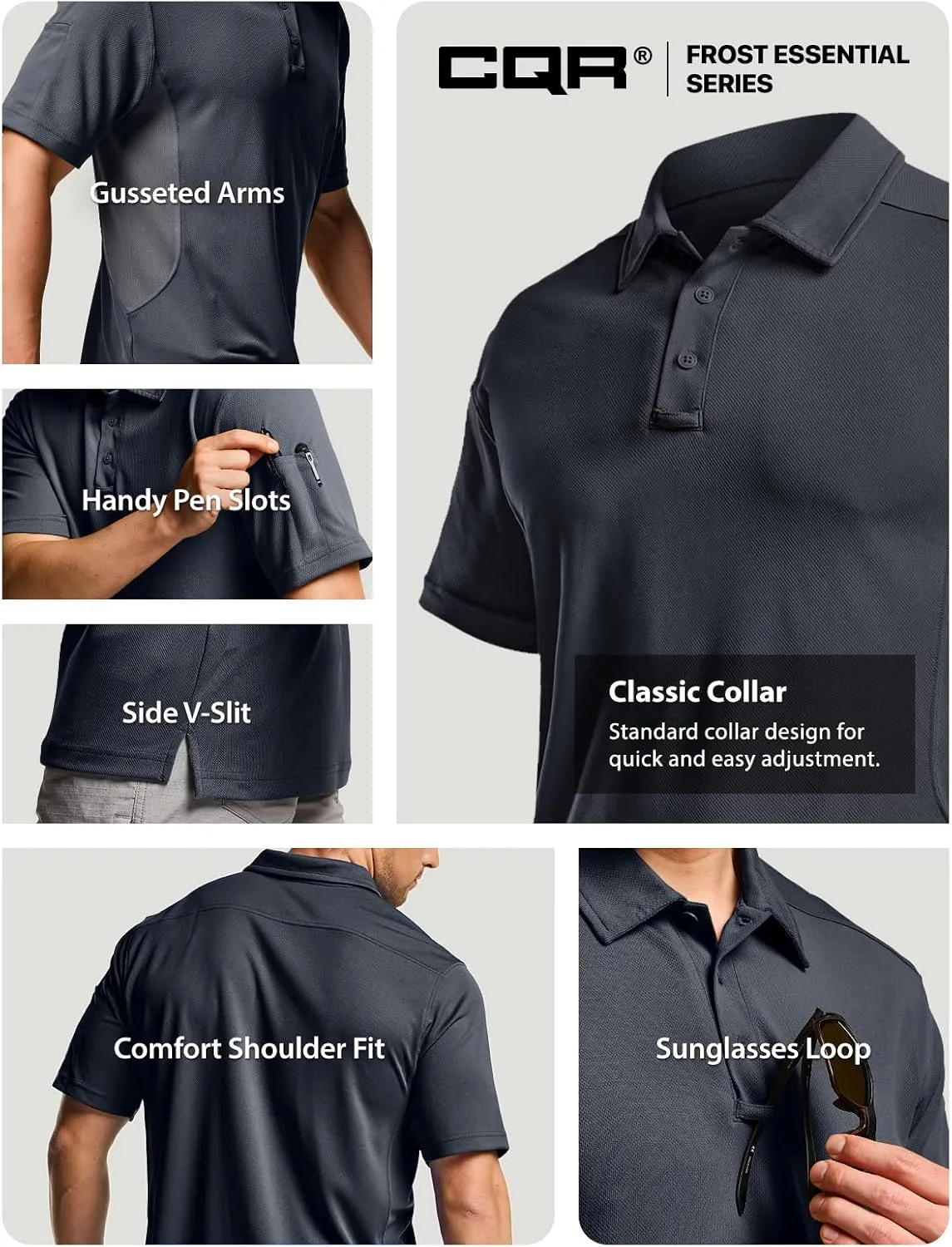 CQR Men's Polo Shirts, Tactical Short Sleeve Golf Performance Shirts, Lightweight Dry Fit UPF 50  Pique