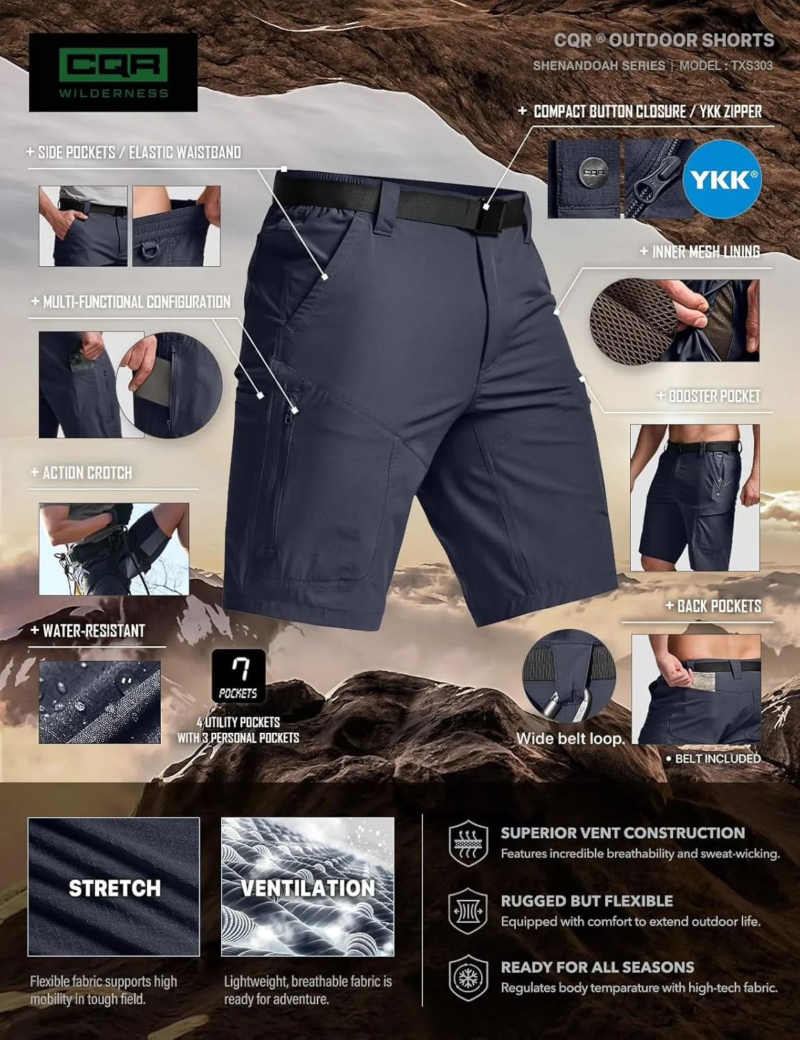 CQR Men's Quick Dry Stretch Hiking Cargo Shorts, Lightweight Water Resistant Tactical Casual, Golf & Outdoor with Pockets
