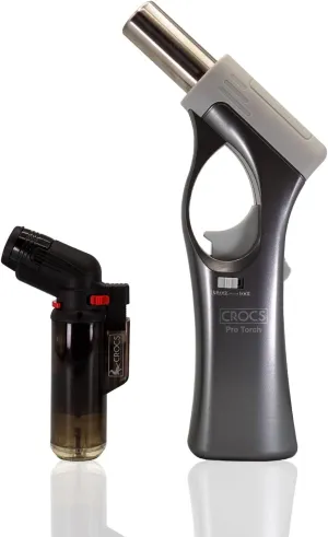 Crocs Butane Torch Lighter, Blow Torch with Butane Included - Ready to Go, Creme Brulee Torch Kitchen Lighter with Mini Torch Lighter, Cooking Torch Gun for BBQ, and Soldering (Metallic Silver)