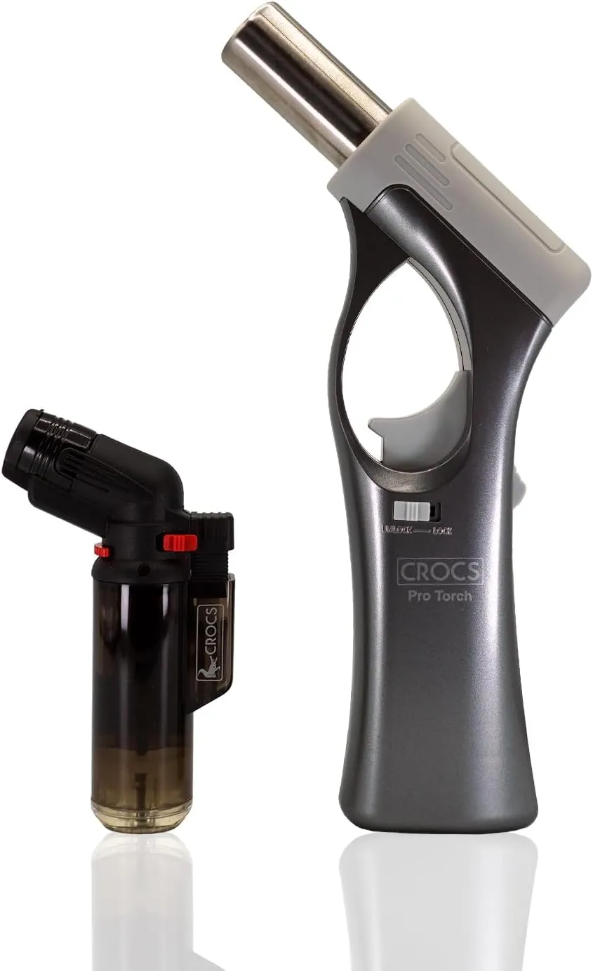 Crocs Butane Torch Lighter, Blow Torch with Butane Included - Ready to Go, Creme Brulee Torch Kitchen Lighter with Mini Torch Lighter, Cooking Torch Gun for BBQ, and Soldering (Metallic Silver)