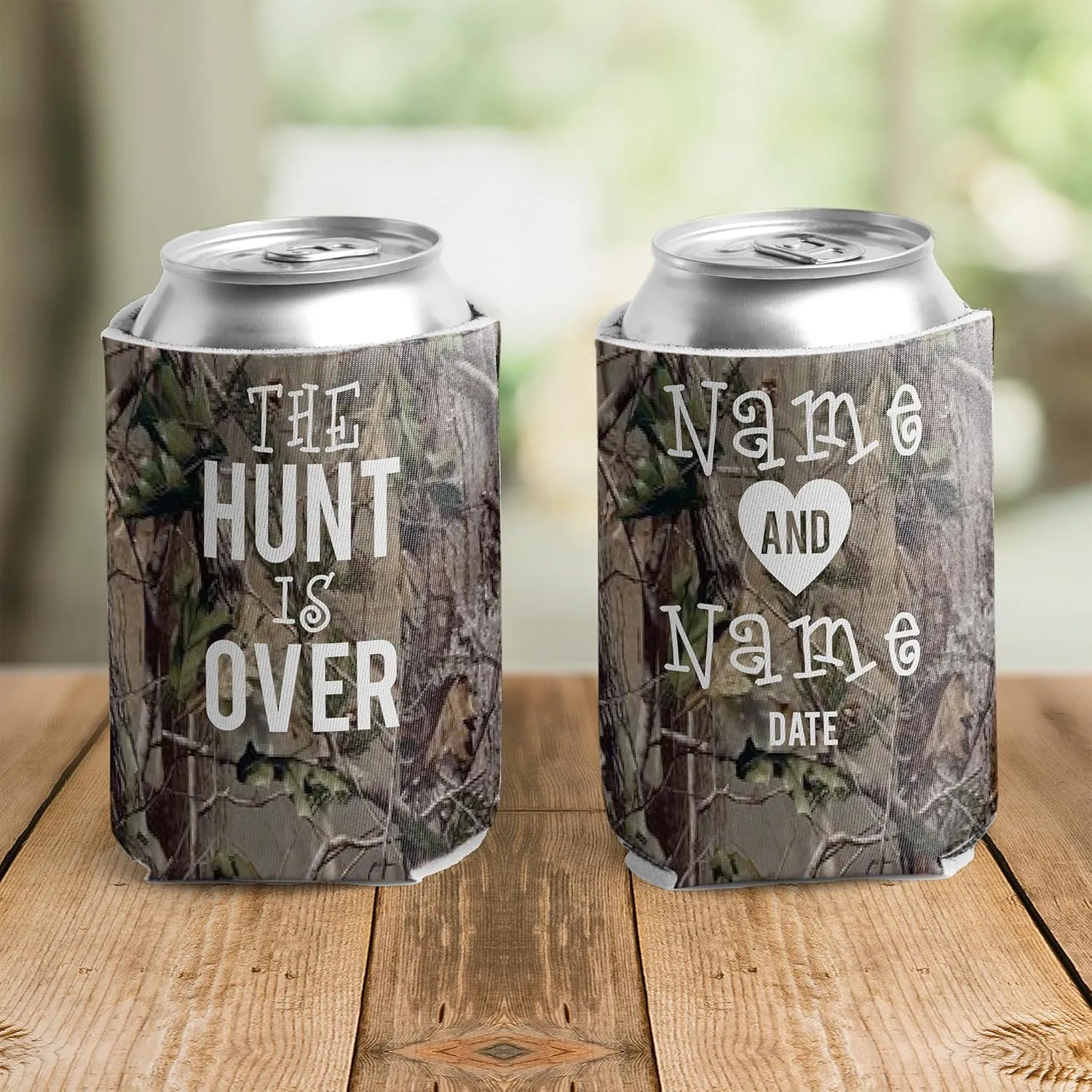 Custom Camouflage Wedding Can Coolers – The Hunt Is Over – Personalized Drink Sleeves for Rustic Weddings, Bachelor Parties & Outdoor Celebrations – 16 oz – VictoryStore, Set of 150